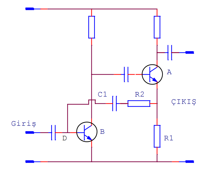 Aşağıda bir amplifikatör devresi görülmektedir. R2 ve C1 üzerinde akıp D noktasına ulaşan akım hangisidir?