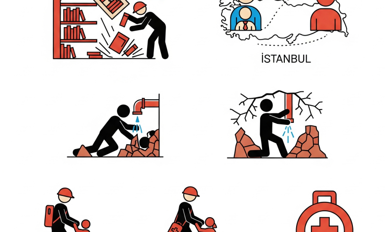 İstanbul'da yaşayan bir aile, evlerinde sakin bir şekilde deprem güvenlik önlemleri alırken görülüyor. Bir kişi bir kitaplığı duvara sabitlerken, bir diğeri acil durum çantasını kontrol ediyor.