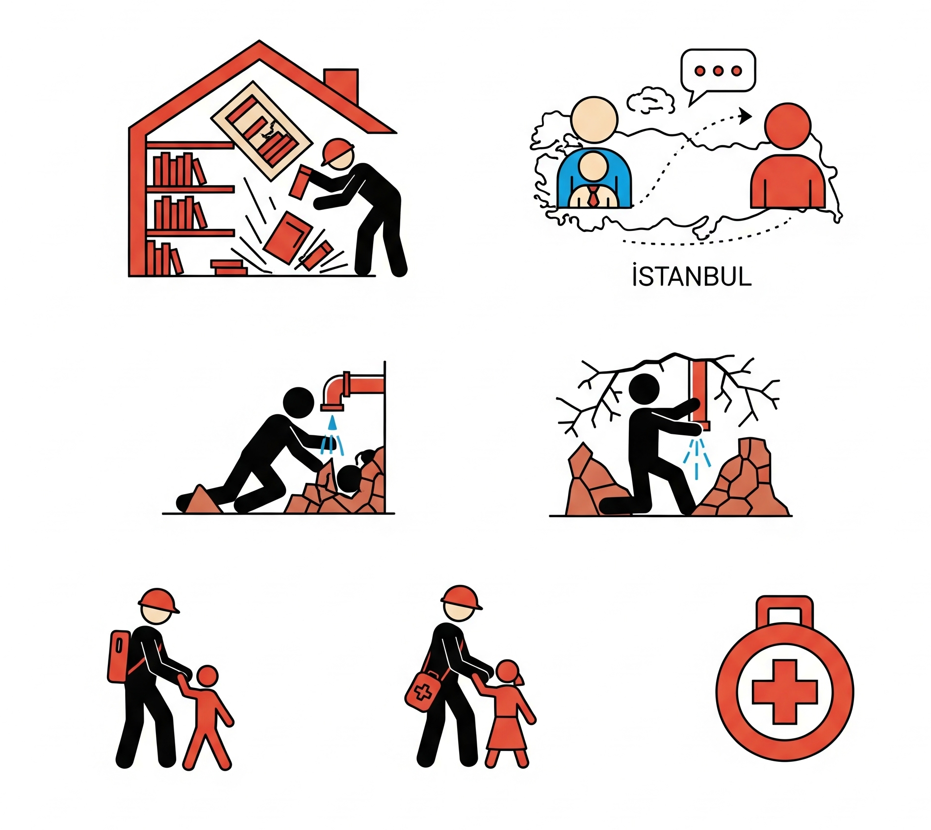İstanbul'da yaşayan bir aile, evlerinde sakin bir şekilde deprem güvenlik önlemleri alırken görülüyor. Bir kişi bir kitaplığı duvara sabitlerken, bir diğeri acil durum çantasını kontrol ediyor.